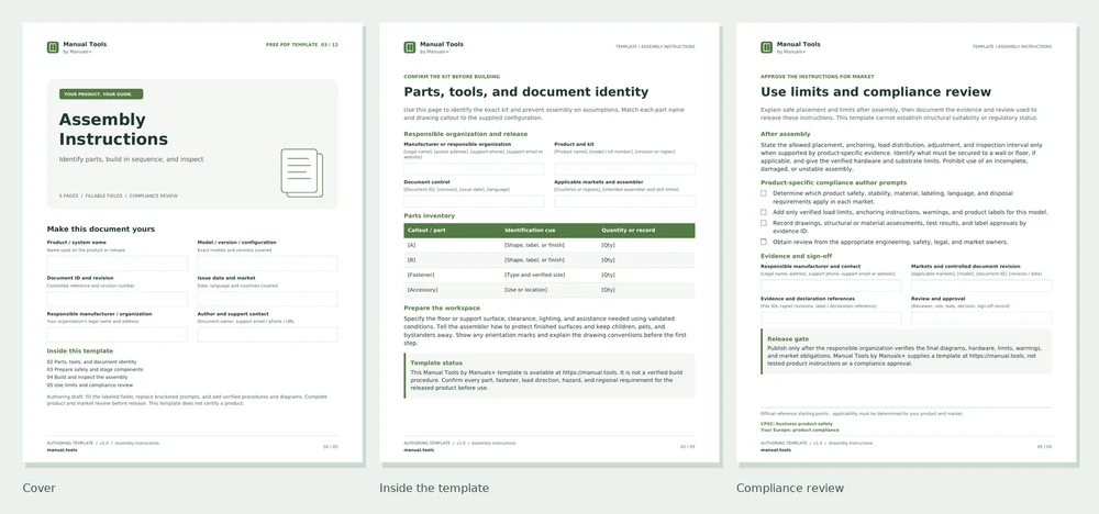 Assembly Instructions PDF screenshots: cover, first interior page, and compliance review page