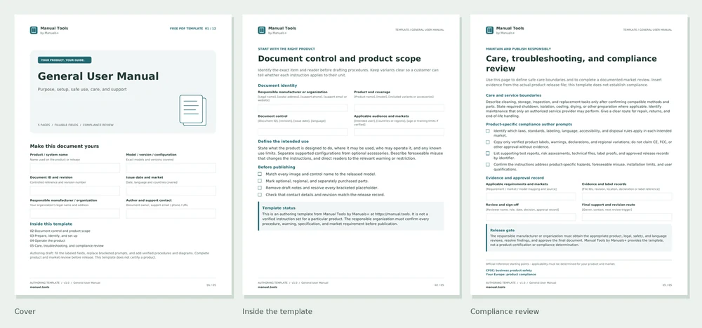 General User Manual PDF screenshots: cover, first interior page, and compliance review page