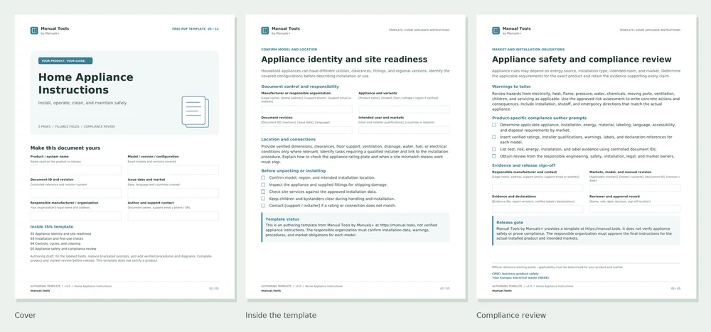 Home Appliance Instructions PDF screenshots: cover, first interior page, and compliance review page