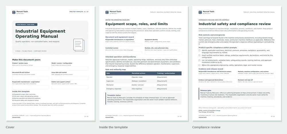 Industrial Equipment Operating Manual PDF screenshots: cover, first interior page, and compliance review page