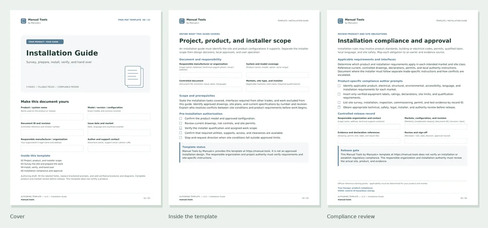 Installation Guide PDF screenshots: cover, first interior page, and compliance review page