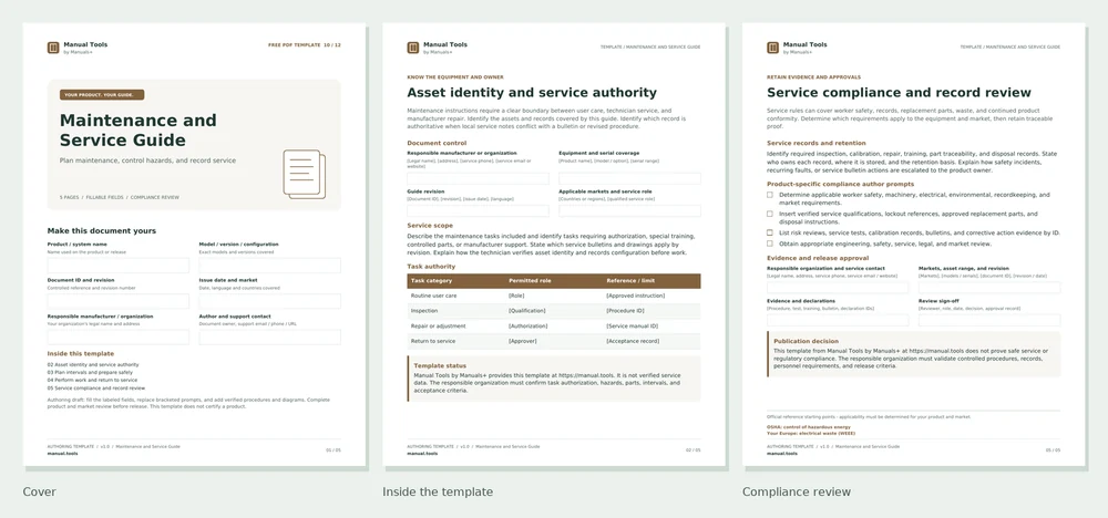 Maintenance and Service Guide PDF screenshots: cover, first interior page, and compliance review page