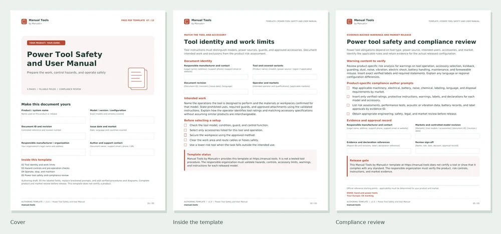 Power Tool Safety and User Manual PDF screenshots: cover, first interior page, and compliance review page