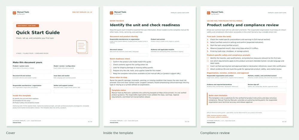 Quick Start Guide PDF screenshots: cover, first interior page, and compliance review page