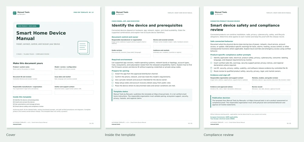 Smart Home Device Manual PDF screenshots: cover, first interior page, and compliance review page